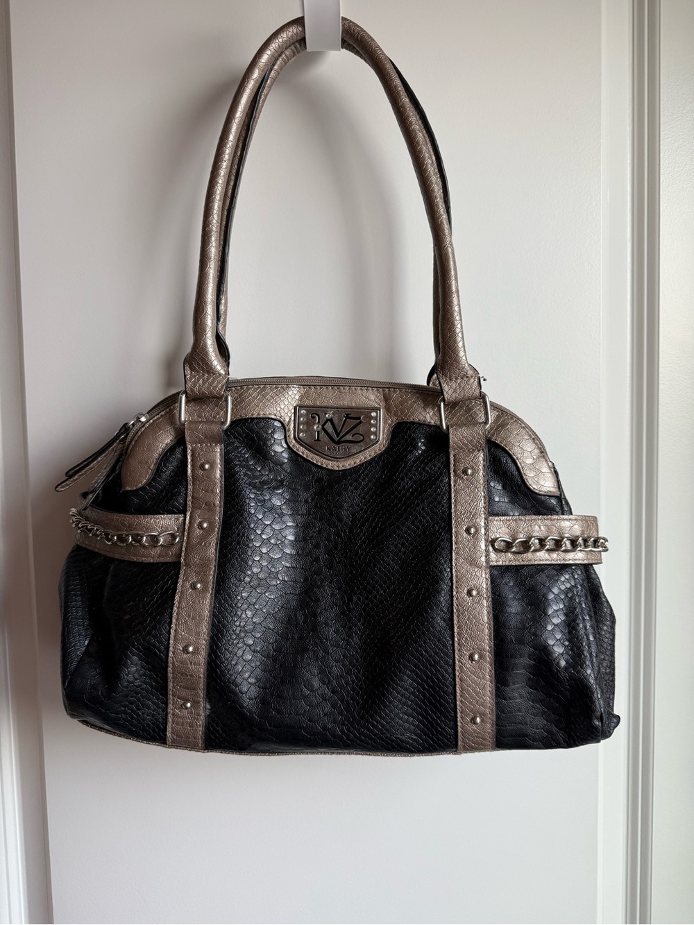 Kathy Van Zeeland Black Faux Snake Skin Satchel with Metallic Taupe Trim